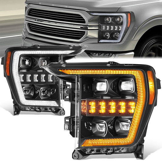 FAROS 21-23 FORD F-150 - FITS MODELS WITH HALOGEN HEADLIGHTS - WHITE 3D LIGHT BAR / SEQUENTIAL CHASE TURN SIGNAL - BLACK