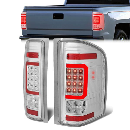 FAROS TRASEROS 07-13 CHEVY SILVERADO 1500 , GMC SIERRA 1500 / 07-14 CHEVY SILVERADO 2500HD , 3500HD , GMC SIERRA 2500HD , 3500HD - RED 3D STRIP - LED - CHROME / CLEAR