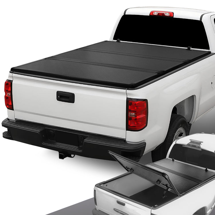 TAPADERA DE CAJUELA TONNEAU COVER - HARD TRI-FOLD - 14-18 CHEVY SILVERADO 1500, GMC SIERRA 1500 / 15-18 CHEVY SILVERADO 2500HD, 3500HD, GMC SIERRA2500HD, 3500HD - FITS 8FT FLEETSIDE / STYLESIDE BED MODELS ONLY