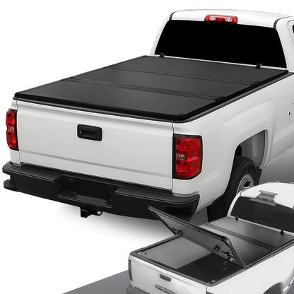 TAPADERA DE CAJUELA TONNEAU COVER - HARD TRI-FOLD - 14-18 CHEVY SILVERADO 1500, GMC SIERRA 1500 / 15-18 CHEVY SILVERADO 2500HD, 3500HD, GMC SIERRA2500HD, 3500HD - FITS 8FT FLEETSIDE / STYLESIDE BED MODELS ONLY