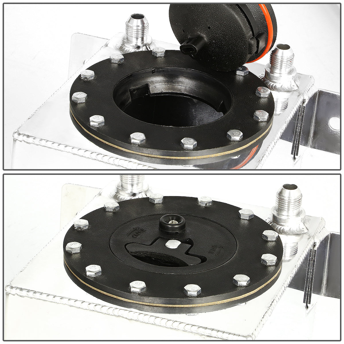 TANQUE DE GASOLINA FUEL CELL - GAS TANK - ALUMINUM - 1-GALLON - BLACK CAP - POLISHED - BOTTOM-FEED