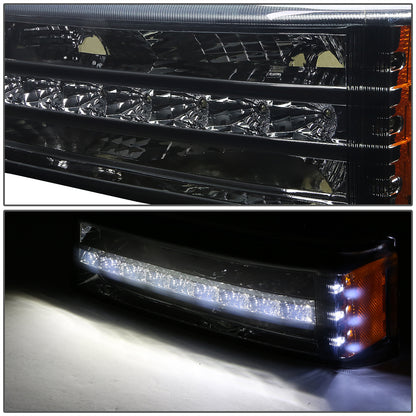 CUARTOS LUZ 03-06 CHEVY SILVERADO 1500 , 2500 , 3500 , HD MODELS, CHEVY AVALANCHE - LED DRL - FITS AVALANCHE MODELS W/O BODY CLADDING - SMOKE HOUSING / AMBER CORNER