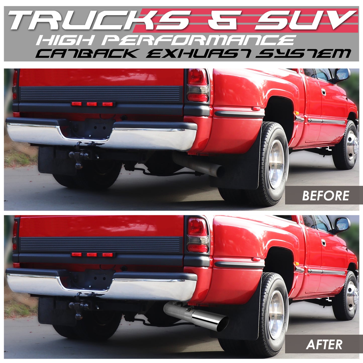 TUBERIA CATBACK CATBACK - 98-01 DODGE RAM 1500, 2500, 3500 - STANDARD / EXTENDED CAB 3.9L / 5.2L / 5.9L - SINGLE TIP - STAINLESS STEEL