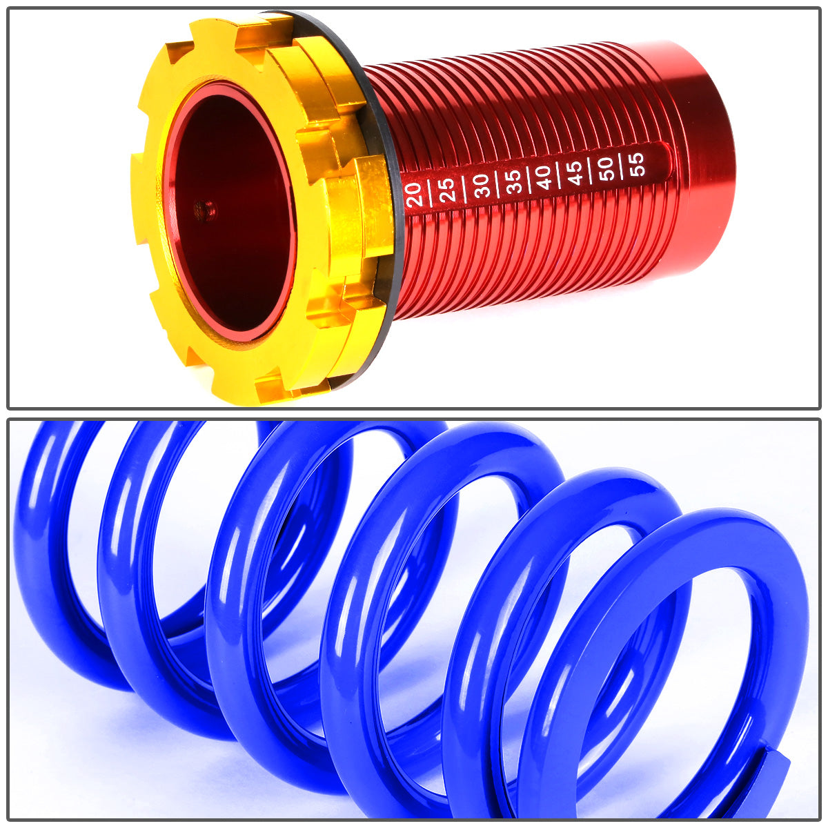 COILOVER 88-00 HONDA CIVIC / 88-91 CRX / 93-97 DEL SOL / 90-01 INTEGRA - SCALE - RED SLEEVES / GOLD TOP / BLUE SPRING