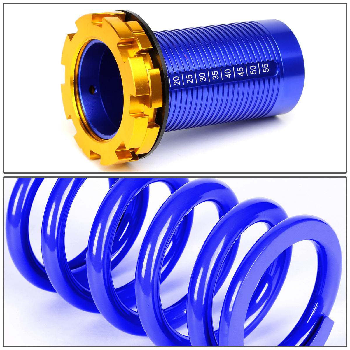 COILOVER 88-00 HONDA CIVIC / 88-91 CRX / 93-97 DEL SOL / 90-01 INTEGRA  - SCALE - BLUE SLEEVES / GOLD TOP / BLUE SPRING