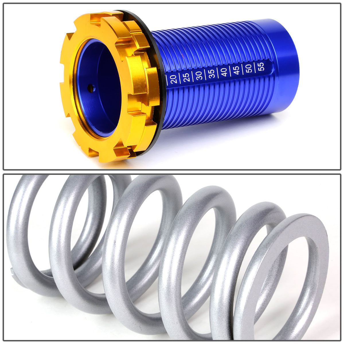 COILOVER 88-00 HONDA CIVIC / 88-91 CRX / 93-97 DEL SOL / 90-01 INTEGRA - SCALE - BLUE SLEEVES / GOLD TOP / SILVER SPRING