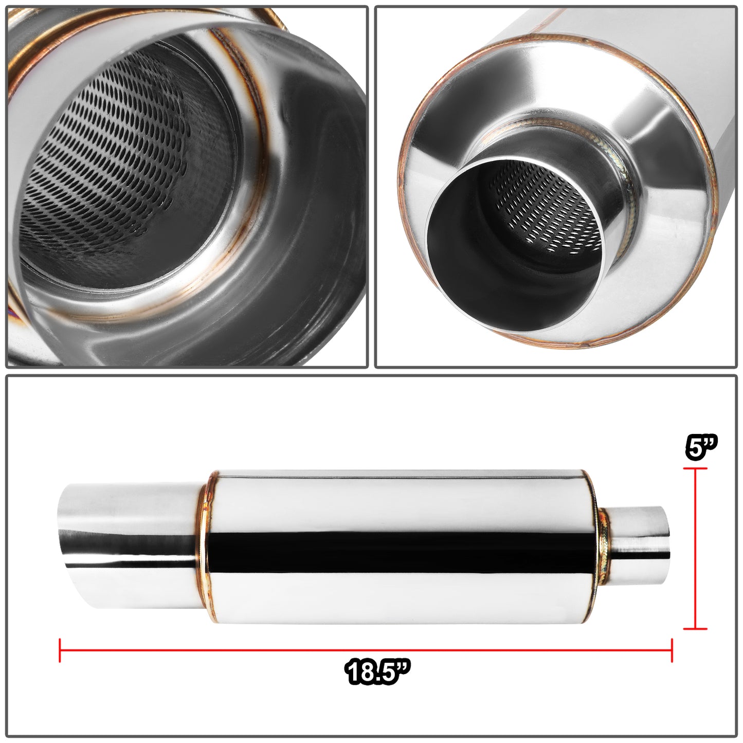 MOFLES RACING MUFFLER - TIP DIAMETER: 4.0"
TIP LENGTH: 4.3"
INLET DIAMETER: 2.5"
INLET LENGTH: 2.0"
BODY DIAMETER: 4.9"
BODY LENGTH: 12.2"
TOTAL LENGTH: 18.5" STRIGHT CUT / POLISHING