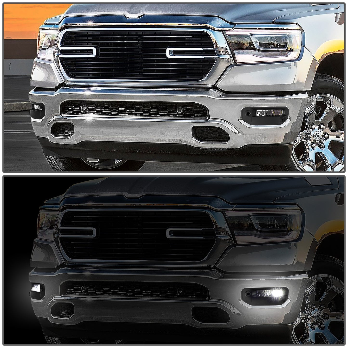 FAROS DE NIEBLA 19-22 RAM 1500 - FITS BIG HORN, HFE, LARAMIE, LIMITED, LIMITED LONGHORN, LONE STAR, REBEL, TRX, TRADESMAN - WILL FIT MODELS WITH PARKING SENSORS ONLY - LED - CHROME / CLEAR