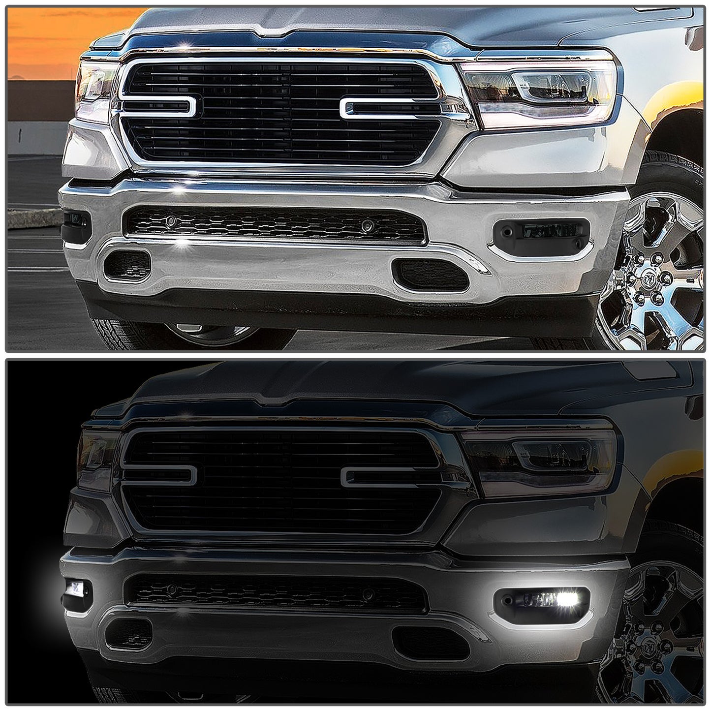 FAROS DE NIEBLA 19-22 RAM 1500 - FITS BIG HORN, HFE, LARAMIE, LIMITED, LIMITED LONGHORN, LONE STAR, REBEL, TRX, TRADESMAN - WILL FIT MODELS WITH PARKING SENSORS ONLY - LED - SMOKED