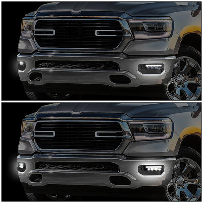 FAROS DE NIEBLA 19-22 RAM 1500 - FITS BIG HORN, HFE, LARAMIE, LIMITED, LIMITED LONGHORN, LONE STAR, REBEL, TRX, TRADESMAN - WILL FIT MODELS WITH PARKING SENSORS ONLY - LED DRL - CHROME / CLEAR