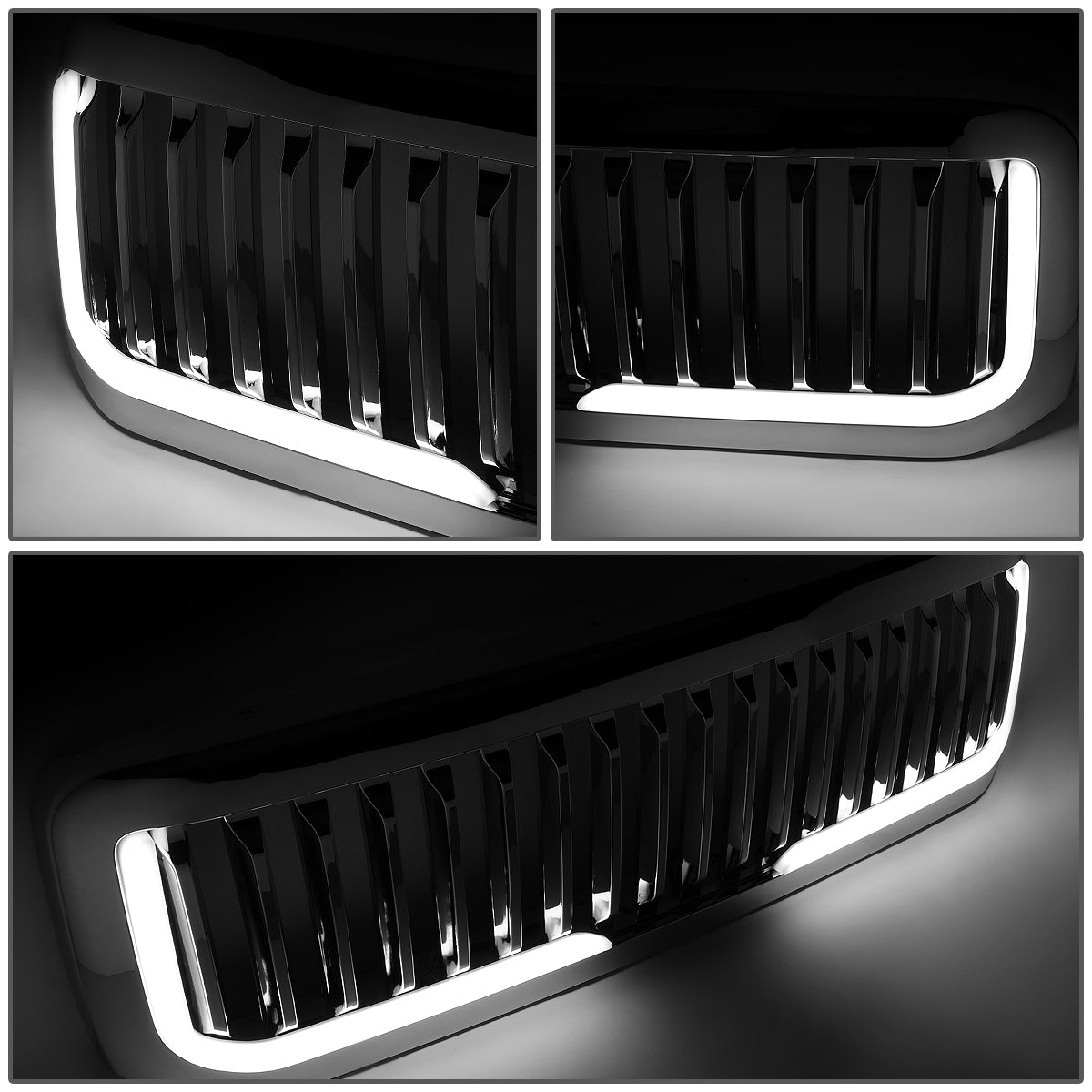 PARRILLA GRILLE - 99-04 FORD F-250, F-350, F-450, F-550 - VERTICAL FENCE STYLE - W/ LED DRL LIGHT - LED'S REQUIRE WIRING INTO EXISTING LIGHTING - CHROME