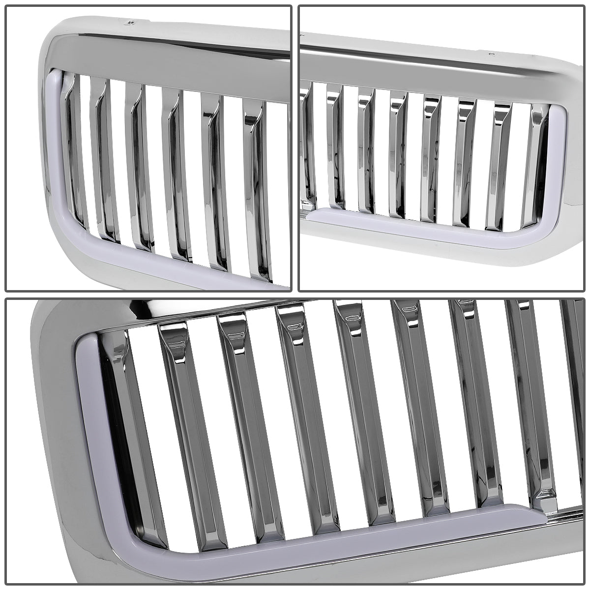 PARRILLA GRILLE - 99-04 FORD F-250, F-350, F-450, F-550 - VERTICAL FENCE STYLE - W/ LED DRL LIGHT - LED'S REQUIRE WIRING INTO EXISTING LIGHTING - CHROME