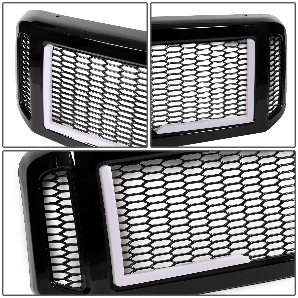 PARRILLA GRILLE - 05-07 FORD F-250, F-350, F-450, F-550 / 2005 FORD EXCURSION - HONEYCOMB MESH - W/ LED DRL LIGHT - LED'S REQUIRE WIRING INTO EXISTING LIGHTING - BLACK
