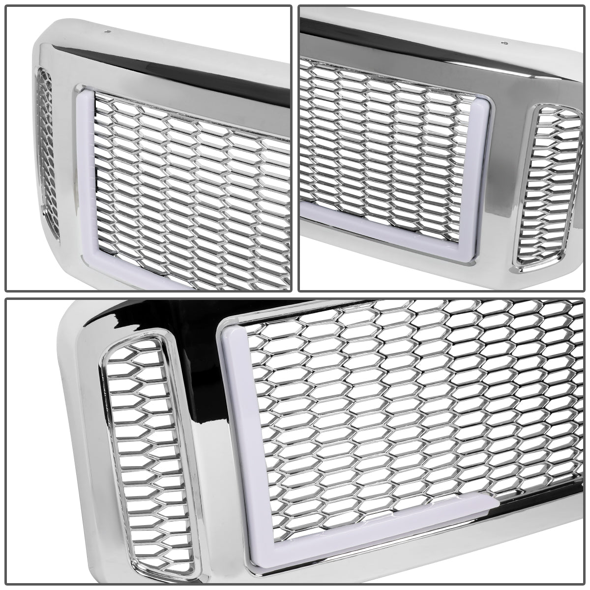 PARRILLA GRILLE - 05-07 FORD F-250, F-350, F-450, F-550 / 2005 FORD EXCURSION - HONEYCOMB MESH - W/ LED DRL LIGHT - LED'S REQUIRE WIRING INTO EXISTING LIGHTING - CHROME