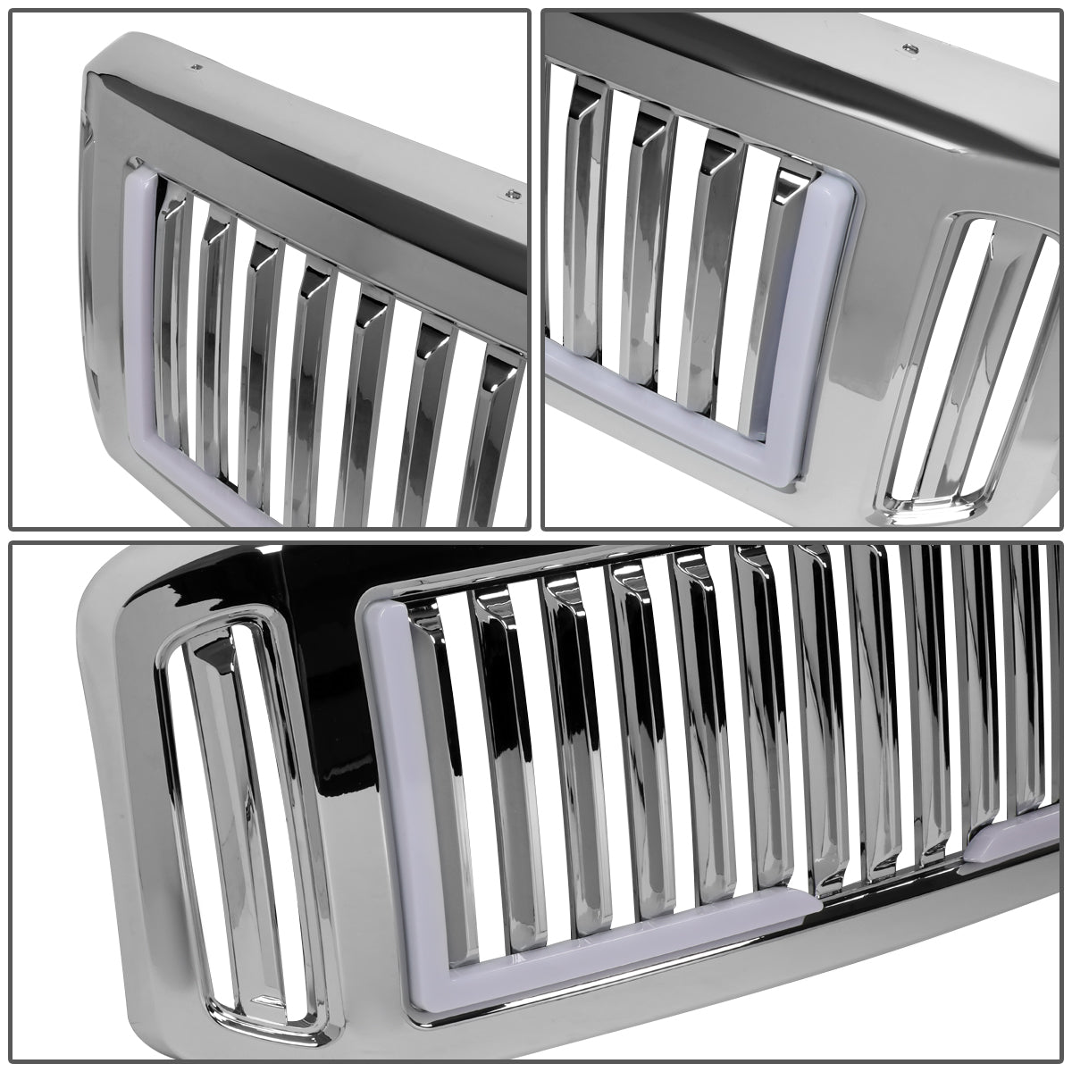 PARRILLA GRILLE - 05-07 FORD F-250, F-350, F-450, F-550 / 2005 FORD EXCURSION - VERTICAL FENCE STYLE - W/ LED DRL LIGHT - LED'S REQUIRE WIRING INTO EXISTING LIGHTING - CHROME