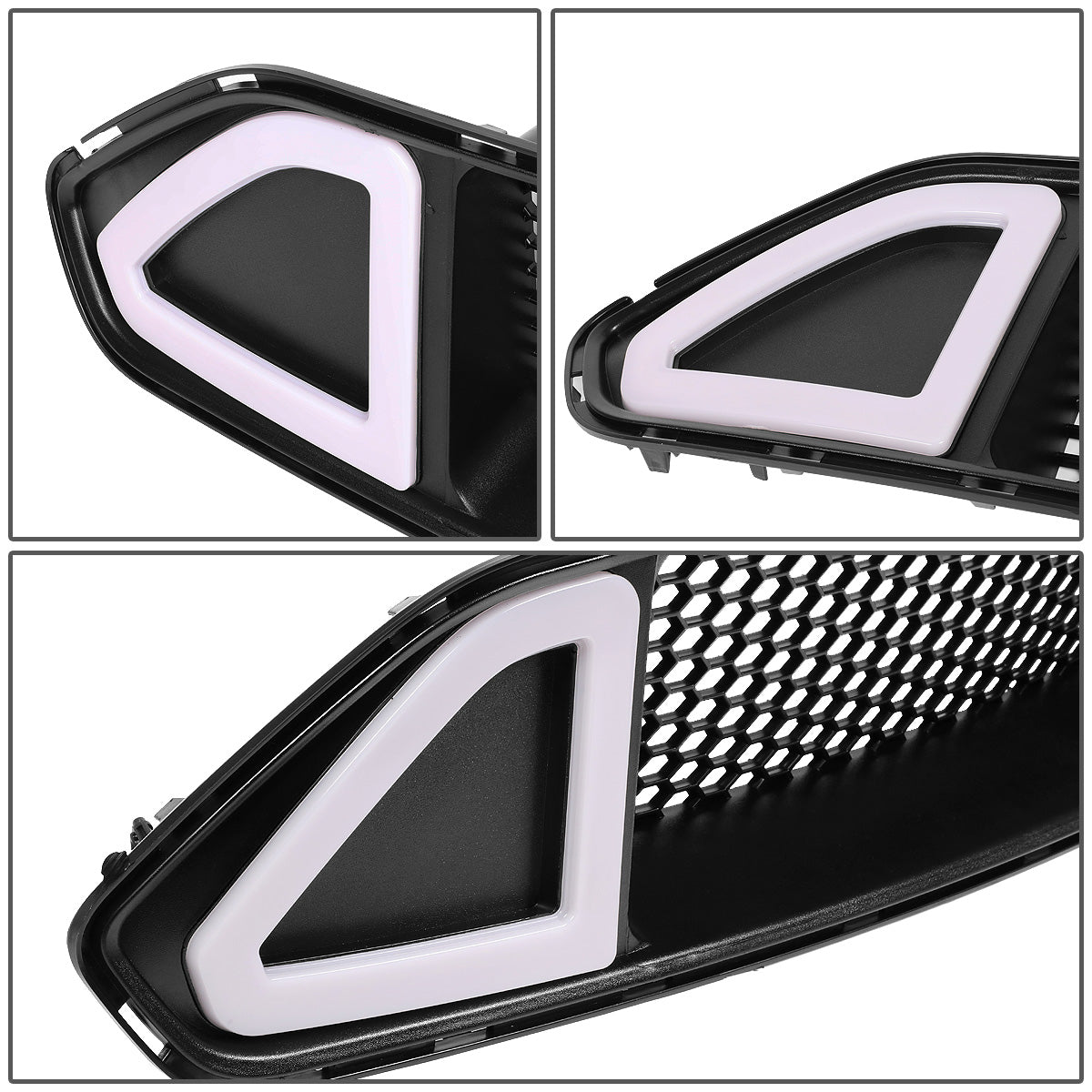 PARRILLA FRONT UPPER GRILLE - 18-20 FORD MUSTANG - HONEYCOMB MESH - W/ LED DRL LIGHT - LEDS REQUIRE WIRING TO EXISITING LIGHTING HARNESS - TRIANGLE LED - BLACK