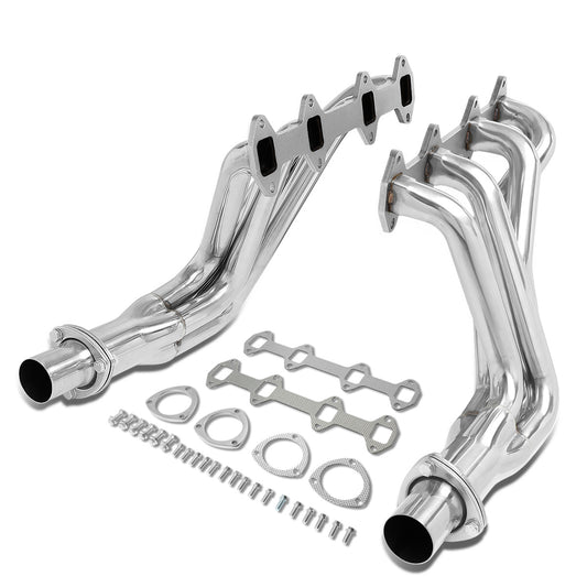 HEADERS STAINLESS STEEL - 66-76 FORD F-100 / 75-76 FORD F-150 / 66-76 FORD F-250 - ONLY FITS MODELS WITH 5.8 5.9 6.4 ENGINES - MUST MODIFY STOCK EXHAUST TO RETAIN CATALYTIC CONVERTERS - WILL NOT FIT 1968-72 W/CAMPER SPECIAL GAS TANKS - LONG TUBE