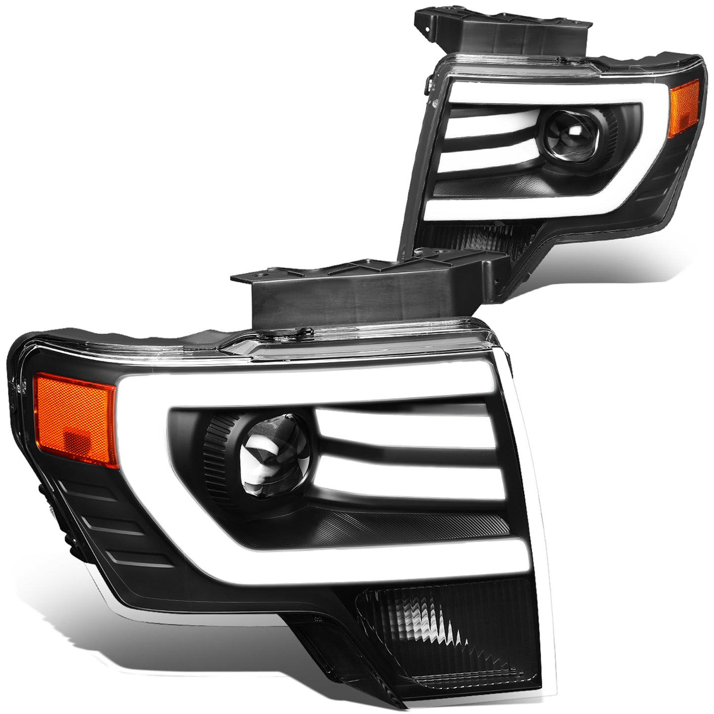 FAROS 09-14 FORD F-150 - FITS HALOGEN HEADLIGHT MODELS ONLY - 3D - LED - PROJECTOR - BLACK HOUSING / AMBER CORNER - H7 LOW / HIGH BEAM / 3157A SIGNAL 194 MARKER