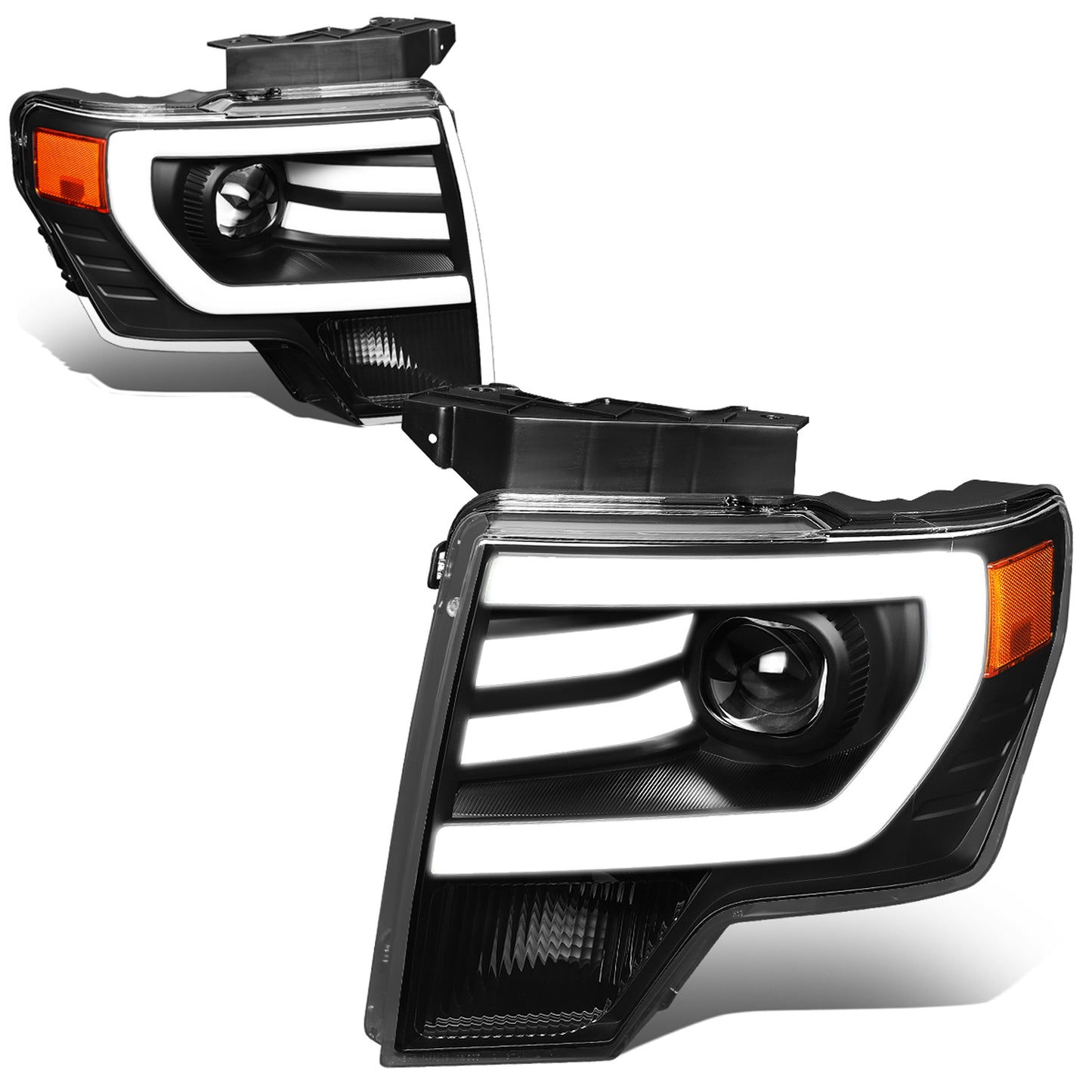 FAROS 09-14 FORD F-150 - FITS HALOGEN HEADLIGHT MODELS ONLY - 3D - LED - PROJECTOR - BLACK HOUSING / AMBER CORNER - H7 LOW / HIGH BEAM / 3157A SIGNAL 194 MARKER