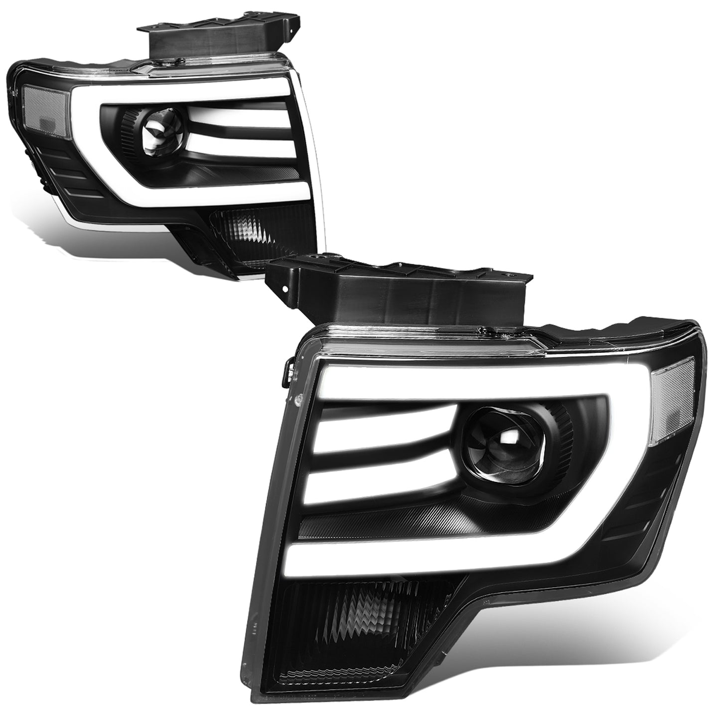 FAROS 09-14 FORD F-150 - FITS HALOGEN HEADLIGHT MODELS ONLY - 3D - LED - PROJECTOR - BLACK HOUSING / CLEAR CORNER - H7 LOW / HIGH BEAM / 3157A SIGNAL 194 MARKER