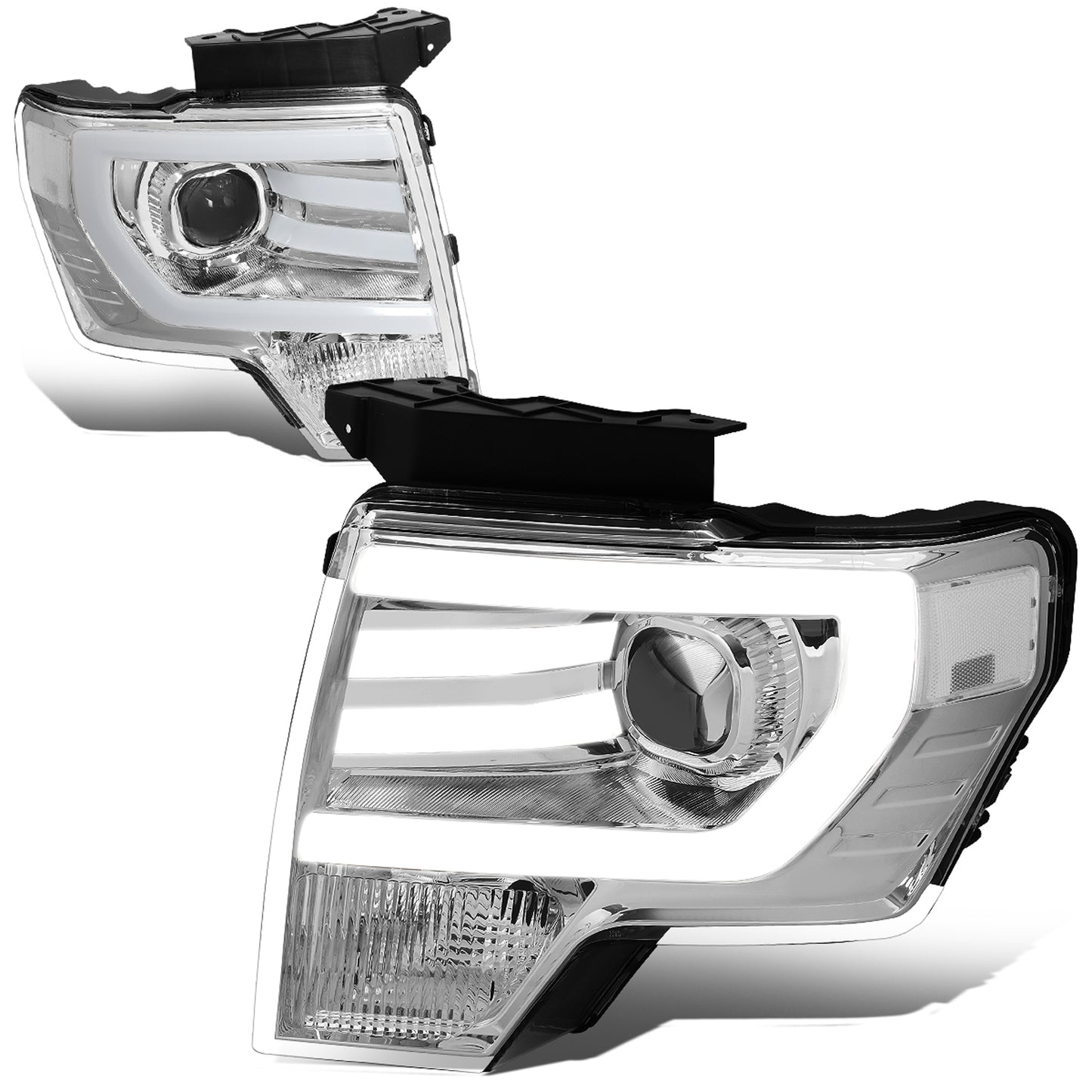 FAROS 09-14 FORD F-150 - FITS HALOGEN HEADLIGHT MODELS ONLY - 3D - LED - PROJECTOR - CHROME HOUSING / CLEAR CORNER - H7 LOW / HIGH BEAM / 3157A SIGNAL 194 MARKER