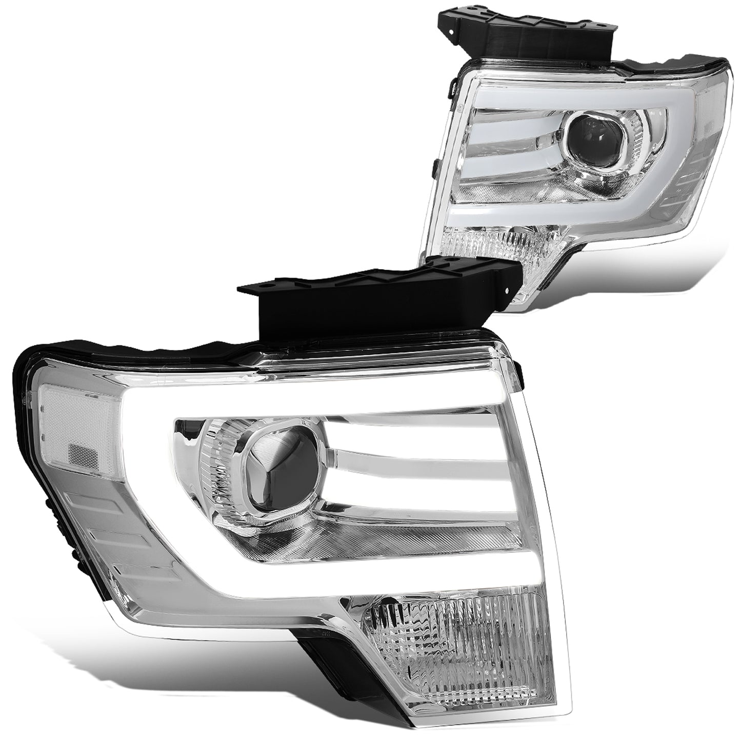 FAROS 09-14 FORD F-150 - FITS HALOGEN HEADLIGHT MODELS ONLY - 3D - LED - PROJECTOR - CHROME HOUSING / CLEAR CORNER - H7 LOW / HIGH BEAM / 3157A SIGNAL 194 MARKER