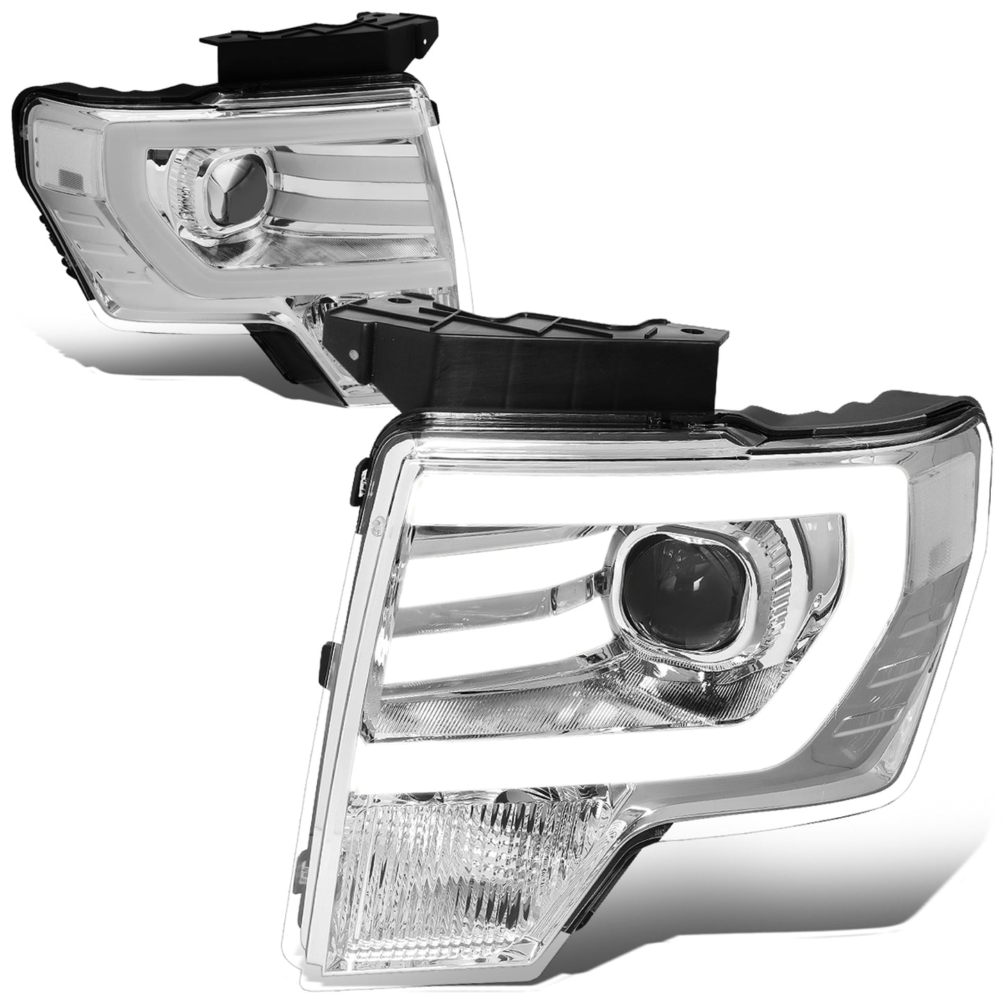 FAROS 09-14 FORD F-150 - FITS HALOGEN HEADLIGHT MODELS ONLY - 3D - LED - PROJECTOR - CHROME HOUSING / CLEAR CORNER - H7 LOW / HIGH BEAM / 3157A SIGNAL 194 MARKER