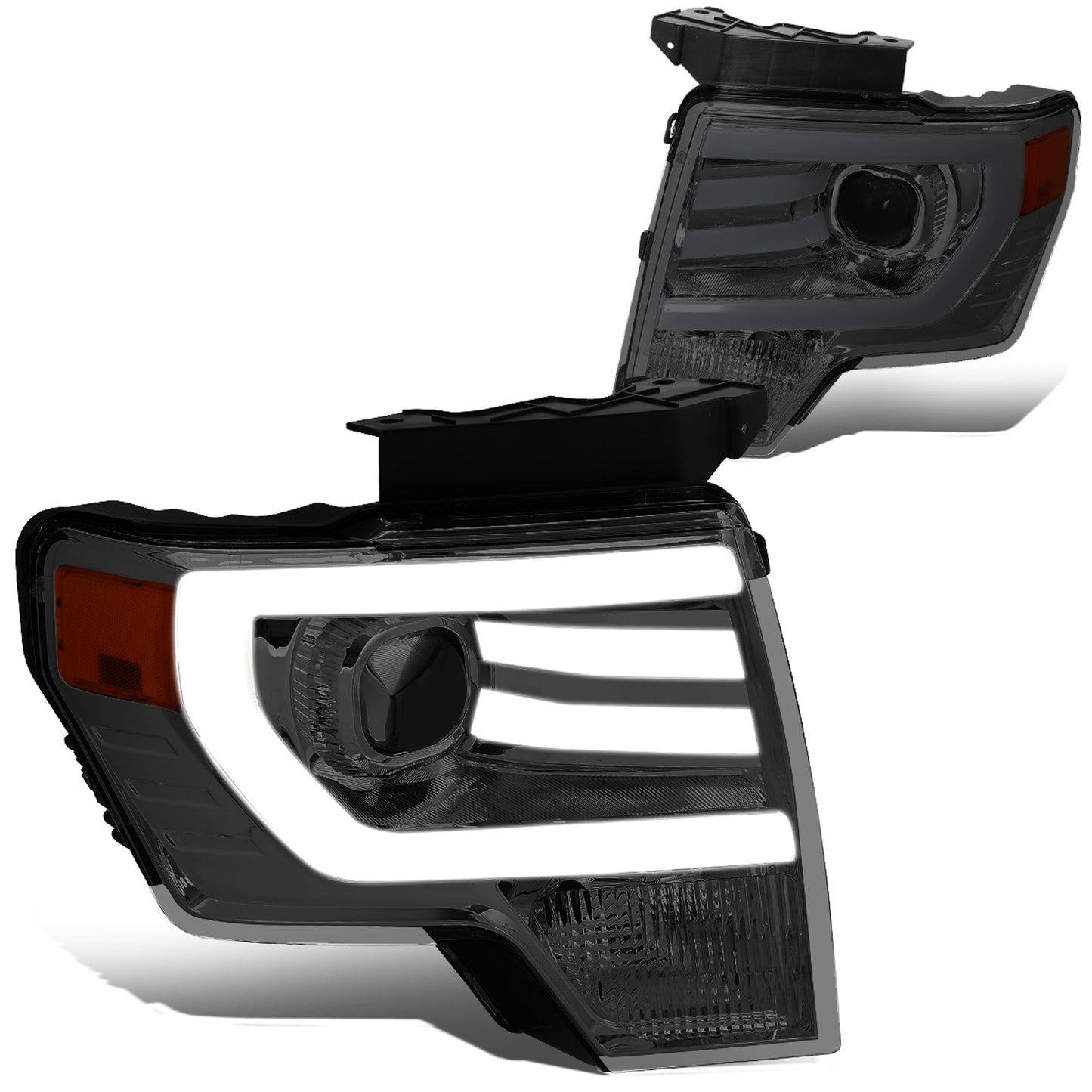 FAROS 09-14 FORD F-150 - FITS HALOGEN HEADLIGHT MODELS ONLY - 3D - LED - PROJECTOR - SMOKE HOUSING / AMBER CORNER - H7 LOW / HIGH BEAM / 3157A SIGNAL 194 MARKER