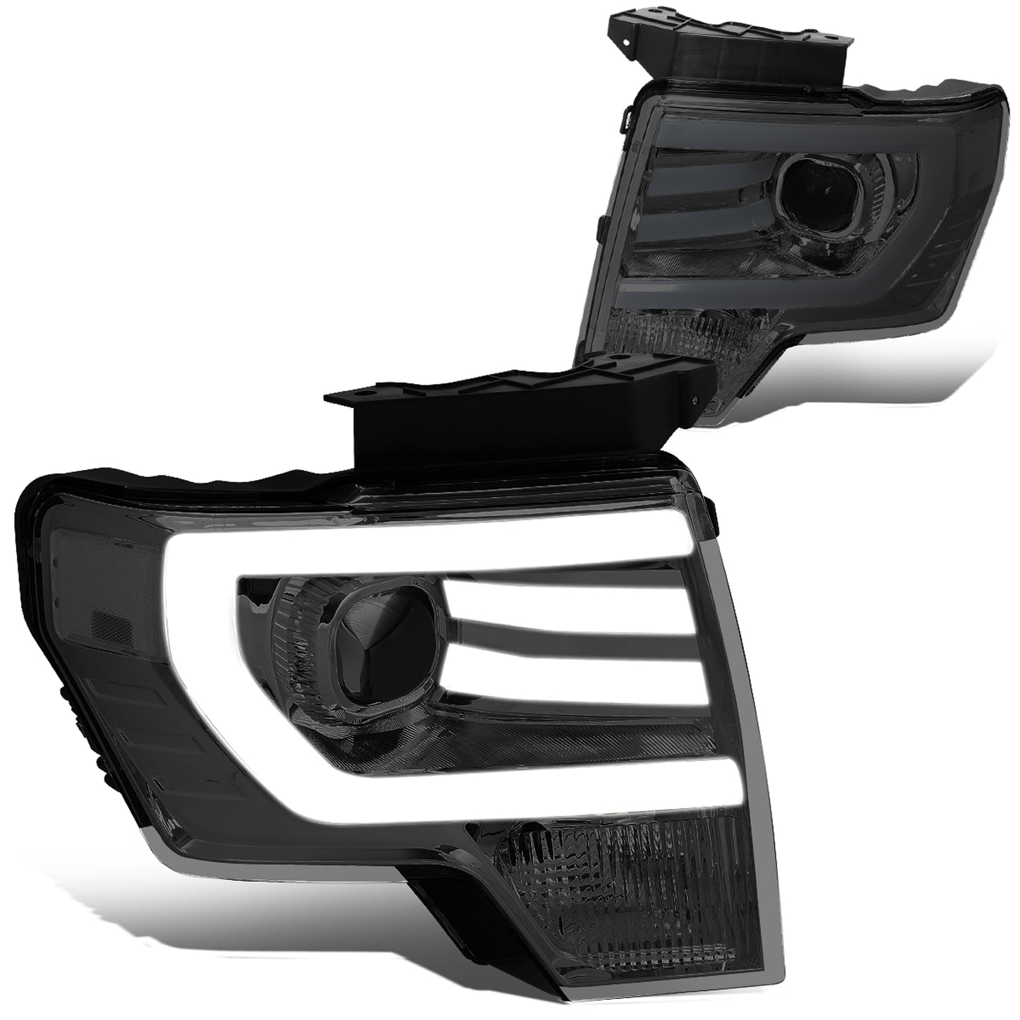 FAROS 09-14 FORD F-150 - FITS HALOGEN HEADLIGHT MODELS ONLY - 3D - LED - PROJECTOR - SMOKE HOUSING / CLEAR CORNER - H7 LOW / HIGH BEAM / 3157A SIGNAL 194 MARKER