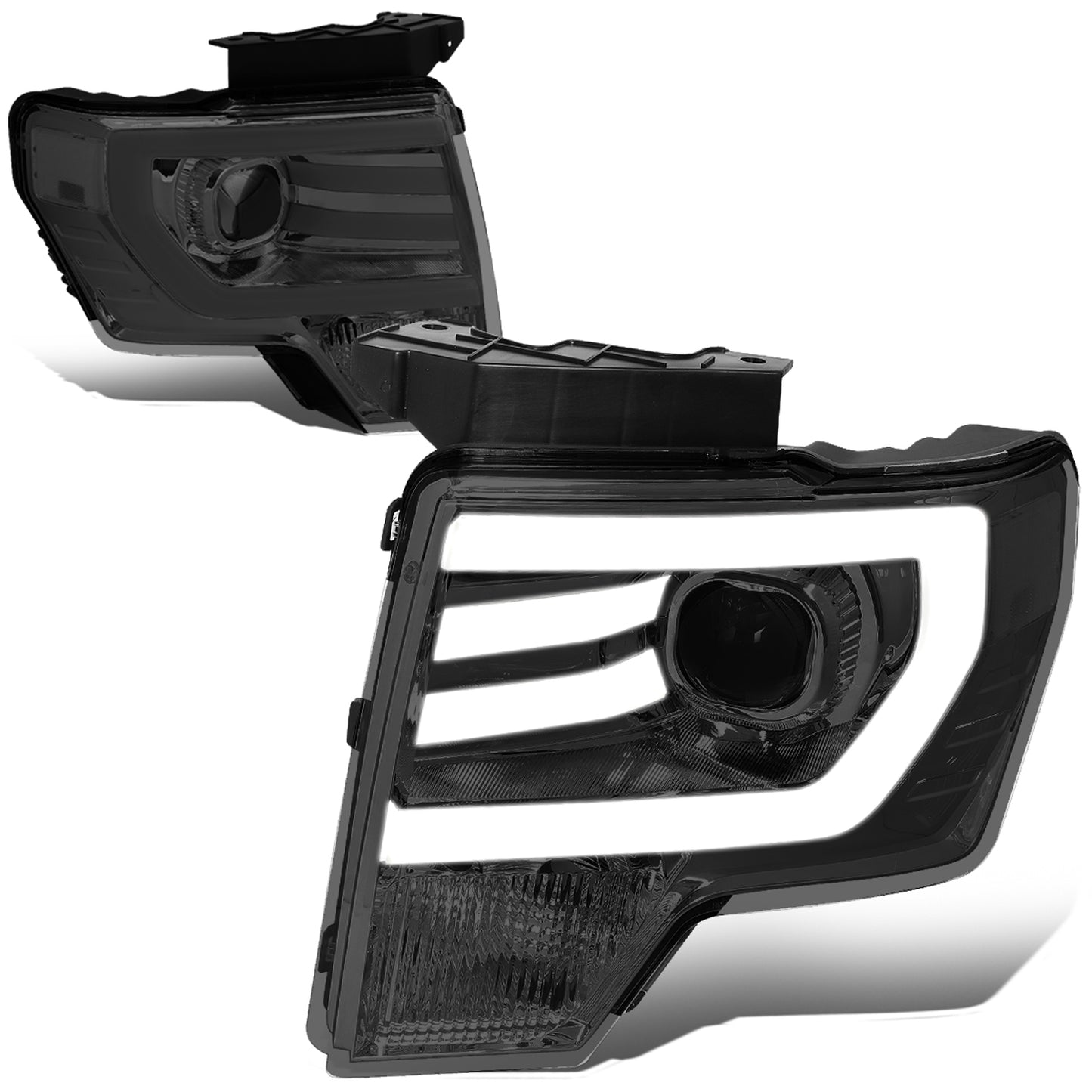 FAROS 09-14 FORD F-150 - FITS HALOGEN HEADLIGHT MODELS ONLY - 3D - LED - PROJECTOR - SMOKE HOUSING / CLEAR CORNER - H7 LOW / HIGH BEAM / 3157A SIGNAL 194 MARKER
