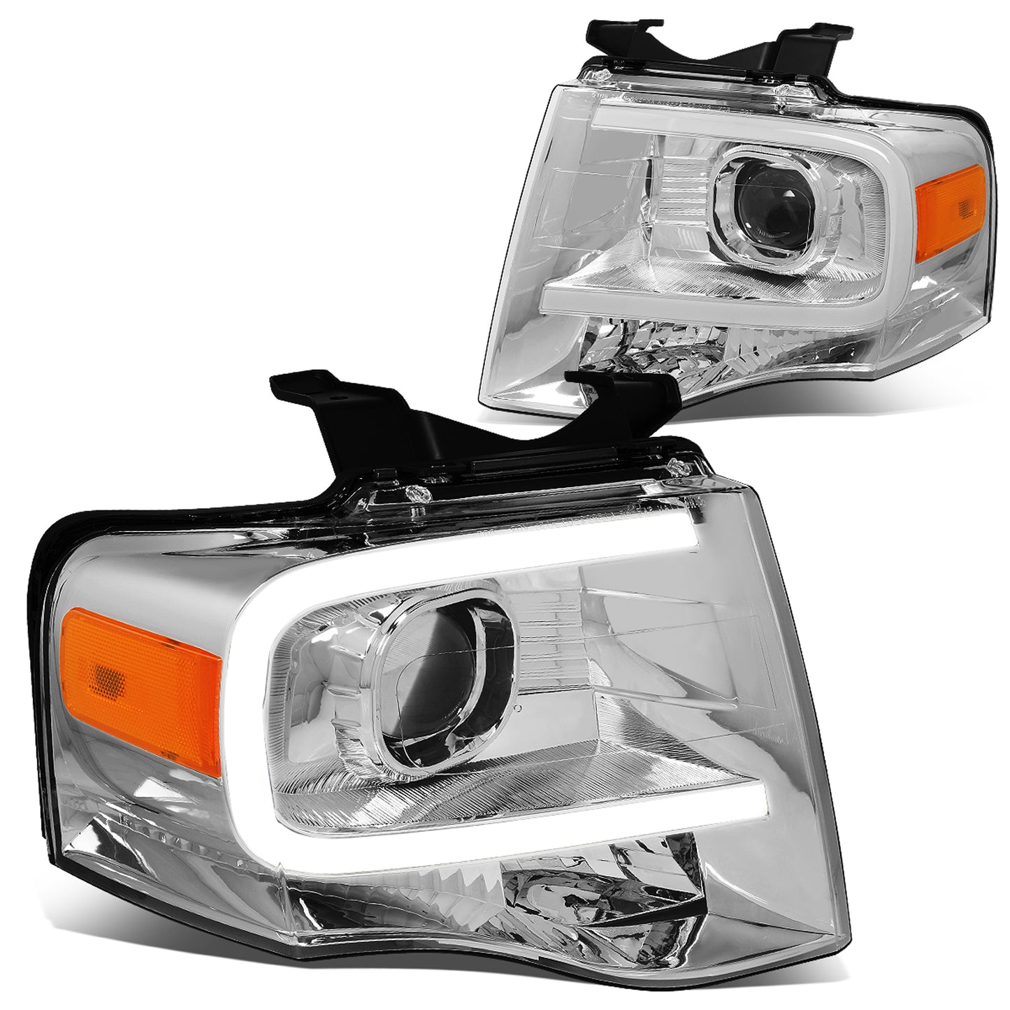 FAROS 07-14 FORD EXPEDITION - 3D - LED DRL - PROJECTOR - CHROME HOUSING / AMBER CORNER - H7 LOW / HIGH BEAM / 3157A SIGNAL 194 MARKER