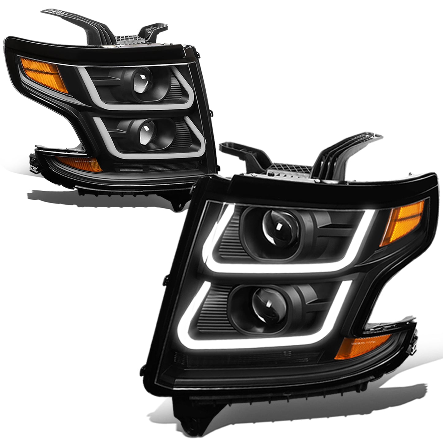 FAROS 15-18 CHEVY SUBURBAN / 15-18 CHEVY TAHOE - ONLY FITS MODELS WITH HALOGEN HEADLIGHTS - DUAL PROJECTOR - 3D - LED - BLACK HOUSING / AMBER CORNER - H7 LOW / H1 HIGH BEAM