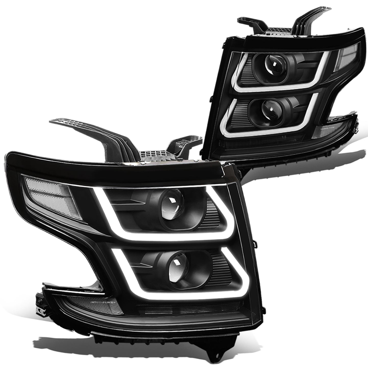 FAROS 15-18 CHEVY SUBURBAN / 15-18 CHEVY TAHOE - ONLY FITS MODELS WITH HALOGEN HEADLIGHTS - DUAL PROJECTOR - 3D - LED - BLACK HOUSING / CLEAR CORNER - H7 LOW / H1 HIGH BEAM