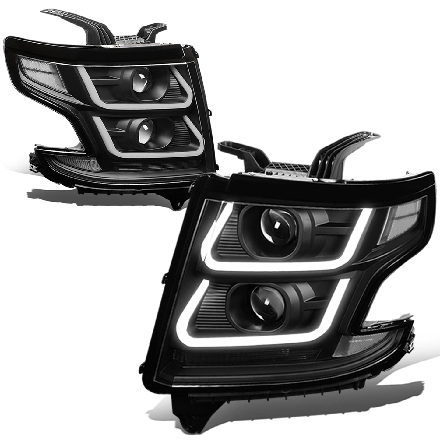 FAROS 15-18 CHEVY SUBURBAN / 15-18 CHEVY TAHOE - ONLY FITS MODELS WITH HALOGEN HEADLIGHTS - DUAL PROJECTOR - 3D - LED - BLACK HOUSING / CLEAR CORNER - H7 LOW / H1 HIGH BEAM
