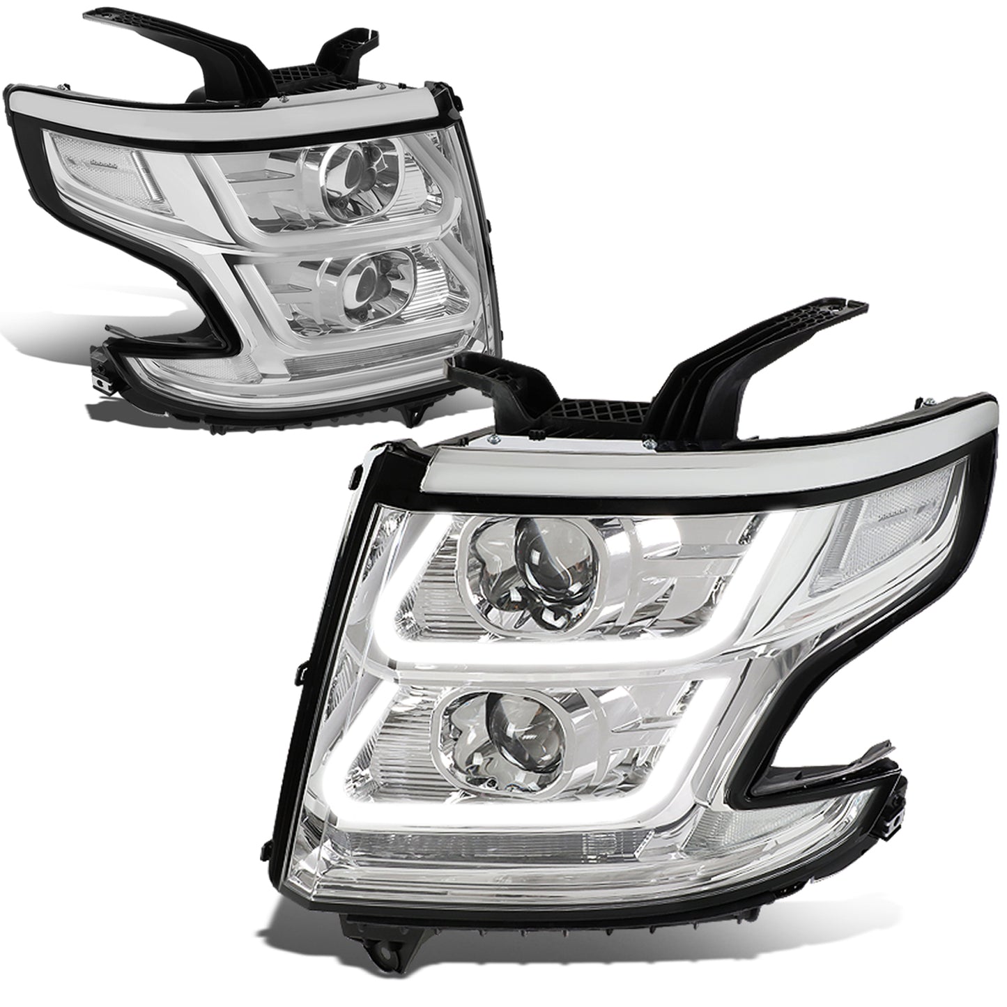 FAROS 15-18 CHEVY SUBURBAN / 15-18 CHEVY TAHOE - ONLY FITS MODELS WITH HALOGEN HEADLIGHTS - DUAL PROJECTOR - 3D - LED - CHROME HOUSING / CLEAR CORNER - H7 LOW / H1 HIGH BEAM