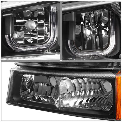 FAROS 03-06 CHEVY SILVERADO 1500, 2500, 3500, 1500HD, 2500HD, AVALANCHE 1500, AVALANCHE 2500 / 2007 CHEVY SILVERADO 1500, 1500HD, 2500HD, 3500 CLASSIC - J-HALO LED DRL - 4PC - BLACK HOUSING / AMBER CORNER