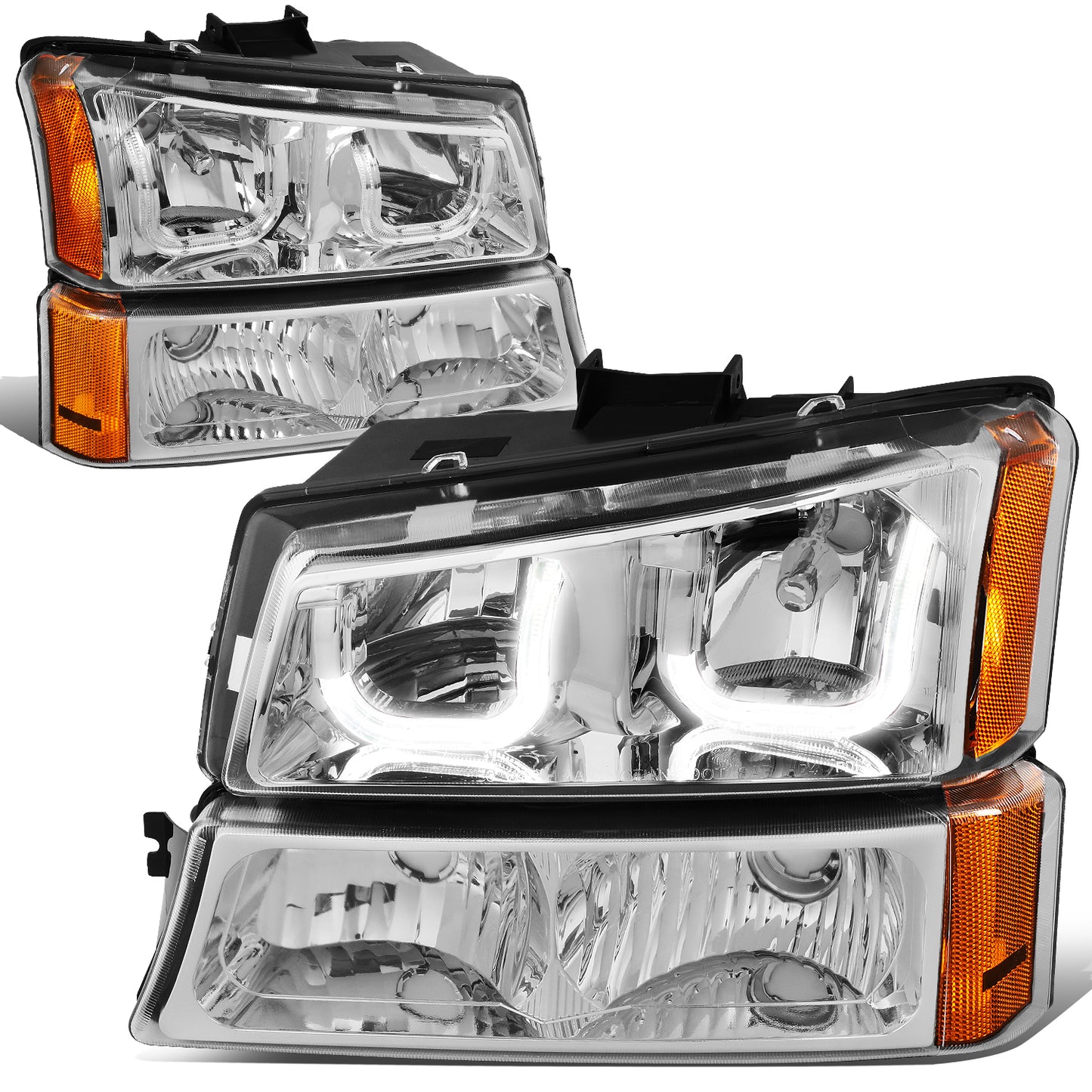 FAROS 03-06 CHEVY SILVERADO 1500, 2500, 3500, 1500HD, 2500HD, AVALANCHE 1500, AVALANCHE 2500 / 2007 CHEVY SILVERADO 1500, 1500HD, 2500HD, 3500 CLASSIC - J-HALO LED DRL - 4PC - CHROME HOUSING / AMBER CORNER