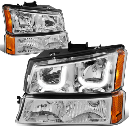FAROS 03-06 CHEVY SILVERADO 1500, 2500, 3500, 1500HD, 2500HD, AVALANCHE 1500, AVALANCHE 2500 / 2007 CHEVY SILVERADO 1500, 1500HD, 2500HD, 3500 CLASSIC - J-HALO LED DRL - 4PC - CHROME HOUSING / AMBER CORNER