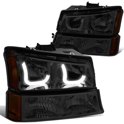 FAROS 03-06 CHEVY SILVERADO 1500, 2500, 3500, 1500HD, 2500HD, AVALANCHE 1500, AVALANCHE 2500 / 2007 CHEVY SILVERADO 1500, 1500HD, 2500HD, 3500 CLASSIC - J-HALO LED DRL - 4PC - SMOKE HOUSING / AMBER CORNER