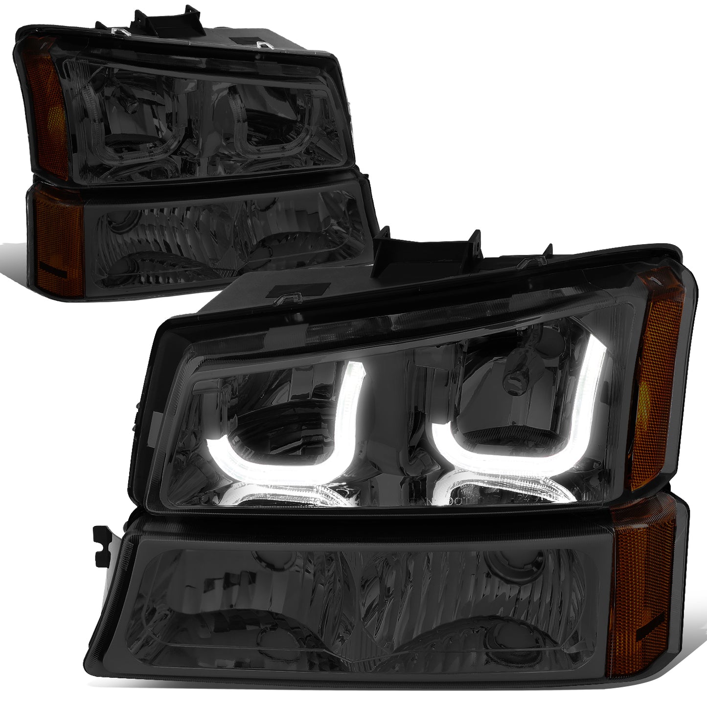 FAROS 03-06 CHEVY SILVERADO 1500, 2500, 3500, 1500HD, 2500HD, AVALANCHE 1500, AVALANCHE 2500 / 2007 CHEVY SILVERADO 1500, 1500HD, 2500HD, 3500 CLASSIC - J-HALO LED DRL - 4PC - SMOKE HOUSING / AMBER CORNER