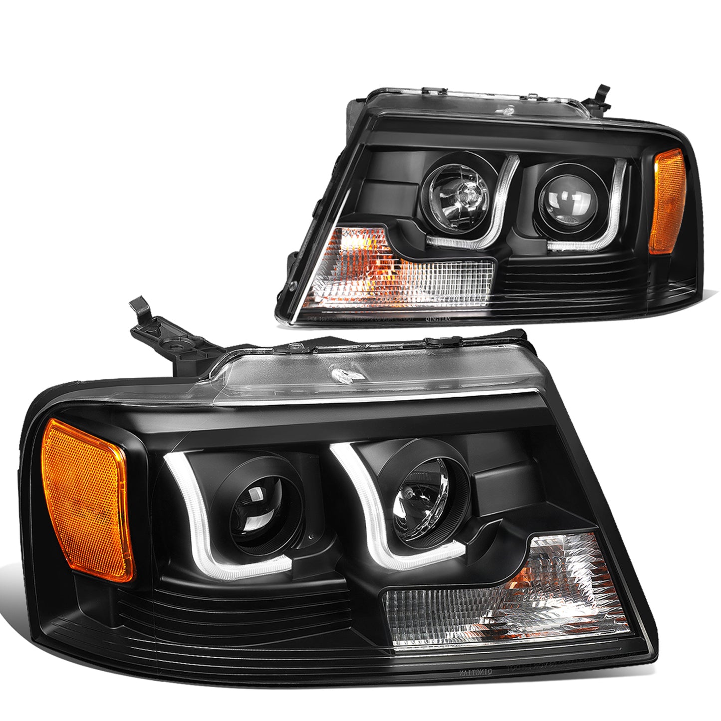 FAROS 04-08 FORD F-150 2/4-DOOR - 3D - LED - J-BAR HALO PROJECTOR - BLACK HOUSING / AMBER CORNER - 9007 LOW BEAM / HIGH BEAM