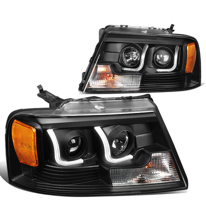 FAROS 04-08 FORD F-150 2/4-DOOR - 3D - LED - J-BAR HALO PROJECTOR - BLACK HOUSING / AMBER CORNER - 9007 LOW BEAM / HIGH BEAM
