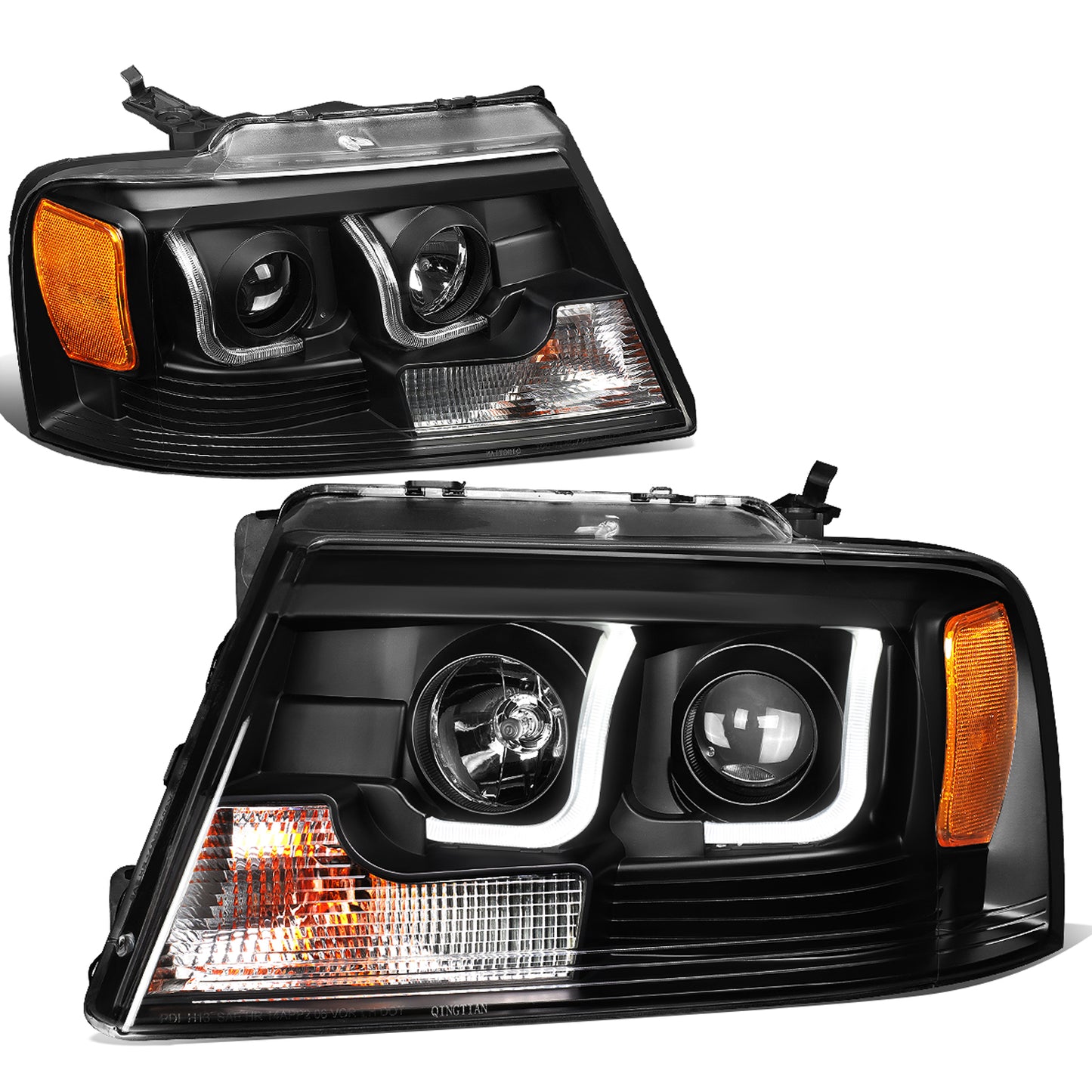 FAROS 04-08 FORD F-150 2/4-DOOR - 3D - LED - J-BAR HALO PROJECTOR - BLACK HOUSING / AMBER CORNER - 9007 LOW BEAM / HIGH BEAM