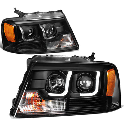 FAROS 04-08 FORD F-150 2/4-DOOR - 3D - LED - J-BAR HALO PROJECTOR - BLACK HOUSING / AMBER CORNER - 9007 LOW BEAM / HIGH BEAM