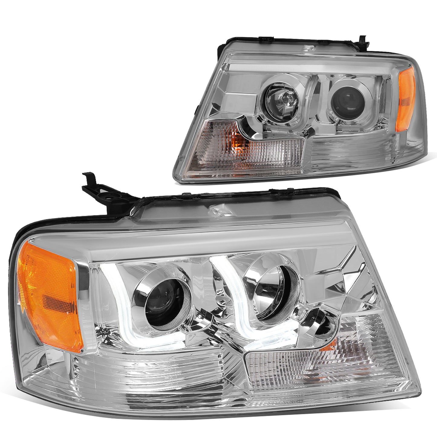 FAROS 04-08 FORD F-150 2/4-DOOR - 3D - LED - J-BAR HALO PROJECTOR - CHROME HOUSING / AMBER CORNER - 9007 LOW BEAM / HIGH BEAM