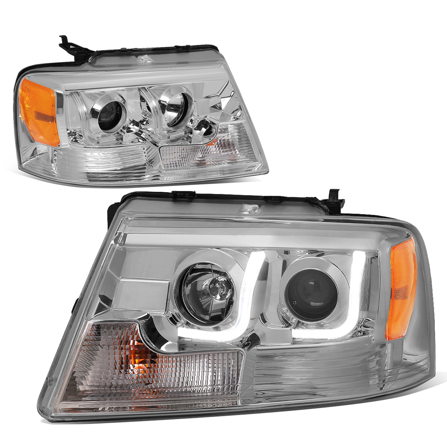 FAROS 04-08 FORD F-150 2/4-DOOR - 3D - LED - J-BAR HALO PROJECTOR - CHROME HOUSING / AMBER CORNER - 9007 LOW BEAM / HIGH BEAM