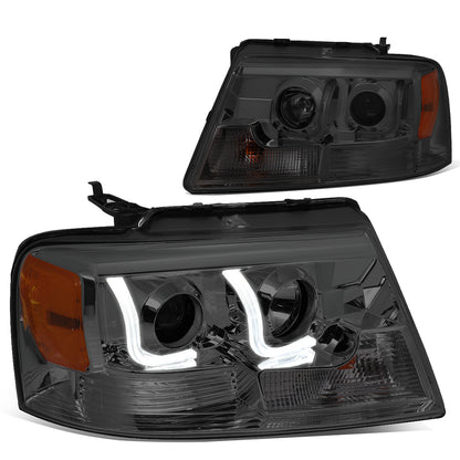 FAROS 04-08 FORD F-150 2/4-DOOR - 3D - LED - J-BAR HALO PROJECTOR - SMOKE HOUSING / AMBER CORNER - 9007 LOW BEAM / HIGH BEAM