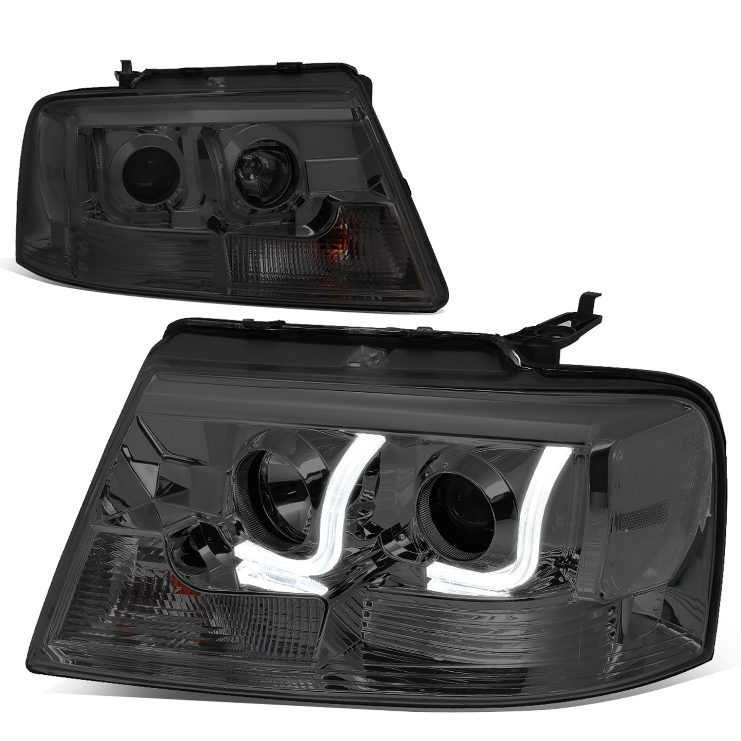 FAROS 04-08 FORD F-150 2/4-DOOR - 3D - LED - J-BAR HALO PROJECTOR - SMOKE HOUSING / CORNER CORNER - 9007 LOW BEAM / HIGH BEAM