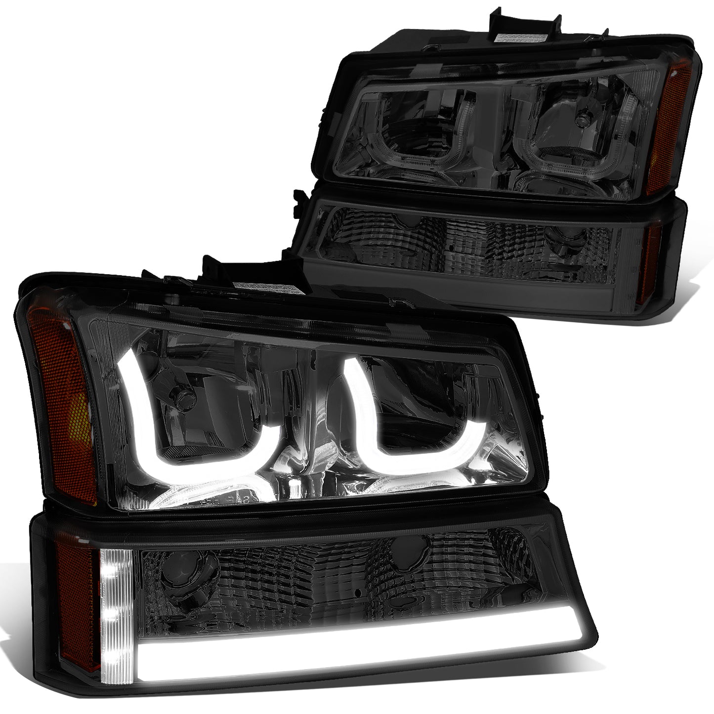 FAROS 03-06 CHEVY SILVERADO 1500, 2500, 3500, 1500HD, 2500HD, AVALANCHE 1500, AVALANCHE 2500 / 2007 CHEVY SILVERADO 1500, 1500HD, 2500HD, 3500 CLASSIC - FITS MODELS WITHOUT FACTORY CLADDING ONLY - J-HALO - LED DRL - 4PC SMOKE HOUSING / AMBER CORNER