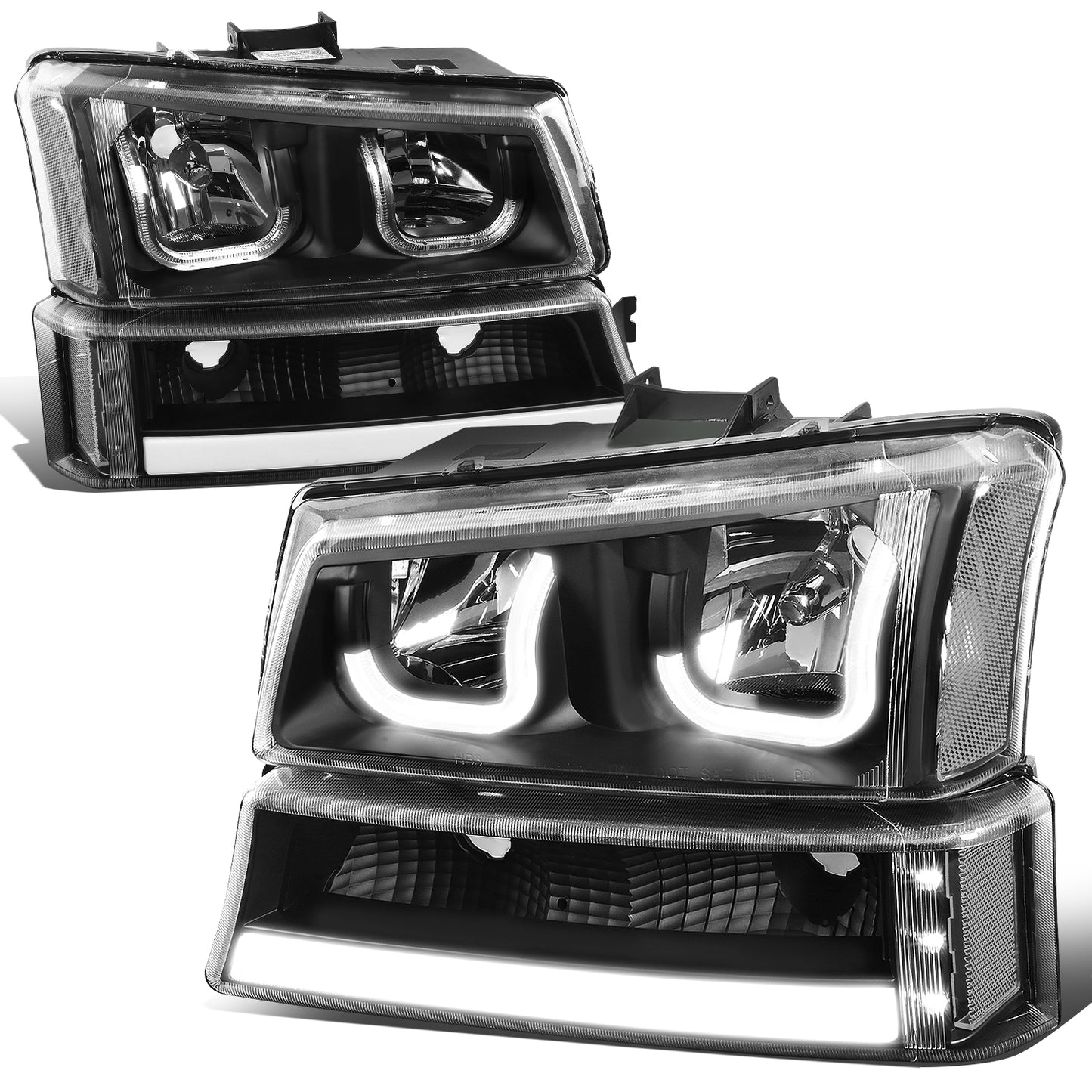FAROS 03-06 CHEVY SILVERADO 1500, 2500, 3500, 1500HD, 2500HD, AVALANCHE 1500, AVALANCHE 2500 / 2007 CHEVY SILVERADO 1500, 1500HD, 2500HD, 3500 CLASSIC - FITS MODELS WITHOUT FACTORY CLADDING ONLY - J-HALO - LED DRL - 4PC - BLACK HOUSING / CLEAR CORNER